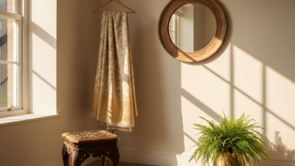 Vintage wooden stool, golden silk on a hanger, brass pot, mirror, warm window light