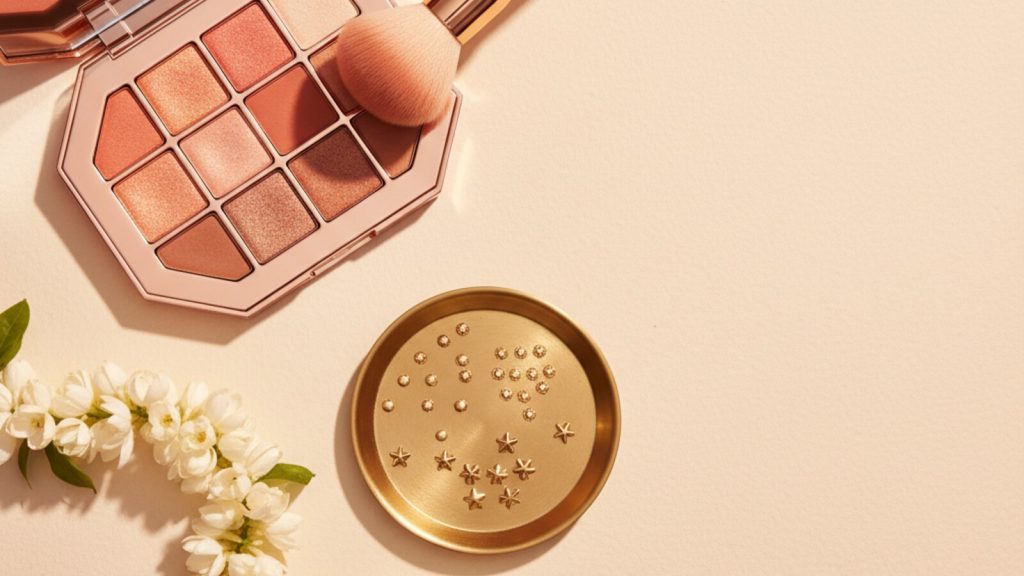 Bridal makeup palette and brushes with jasmine on cream paper