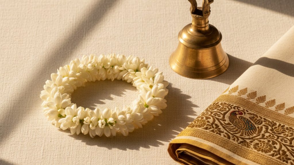 Jasmine gajra, brass bell, and zari border on ivory linen