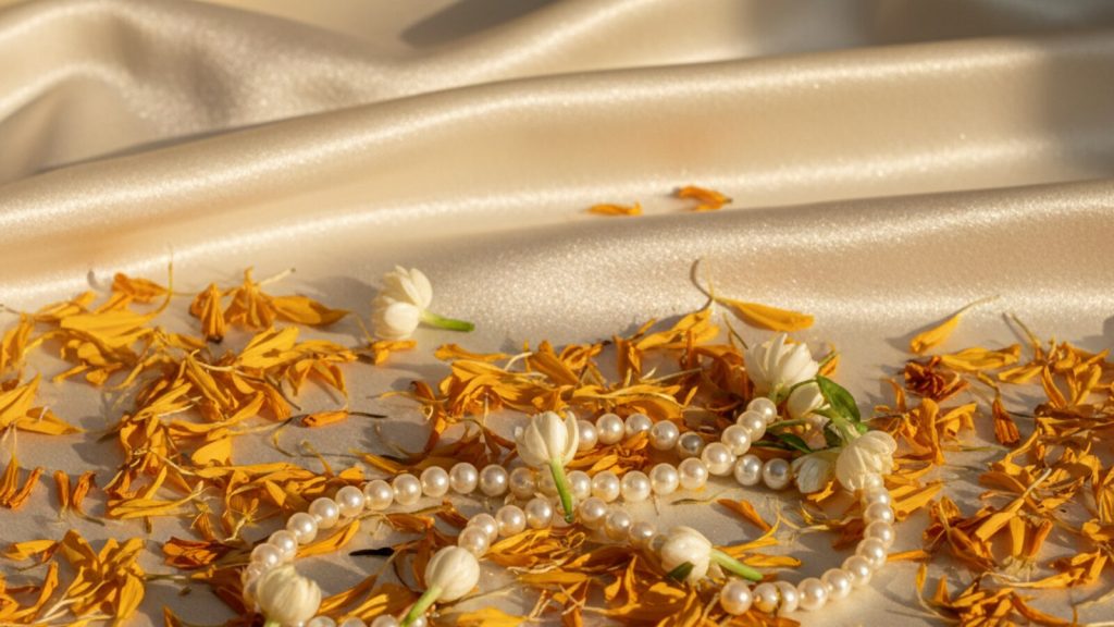 Pearls and marigold petals on cream satin